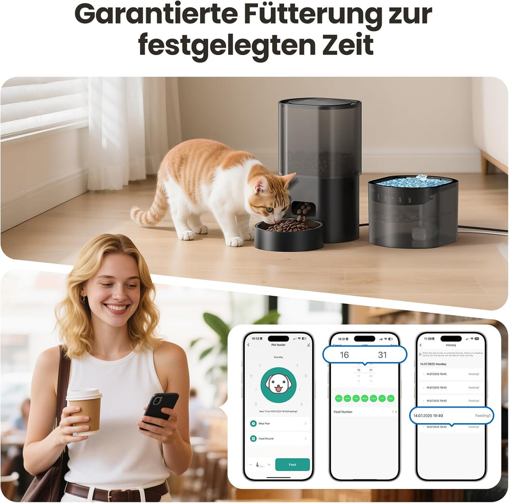 3L Automatischer Katzenfutterspender 2,5L Katzenbrunnen-Set, geräuscharmes App-steuertees Fernfütterungsgerät mit 10 Mahlzeiten per Tag, Anti-Verstopfungs-Design, ideális a Katzen & Welpen számára