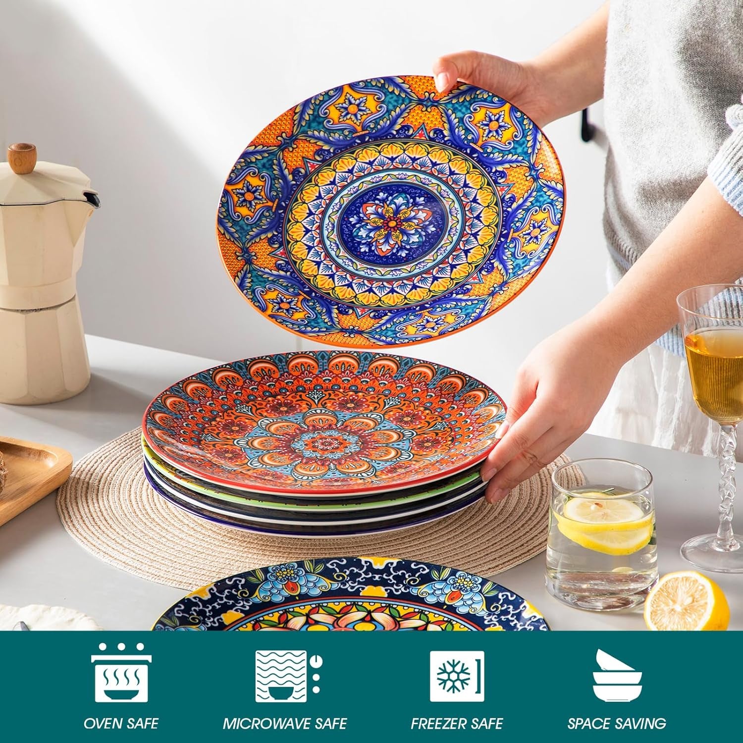Set de farfurii de cină de 6 persoane, set de farfurii vancasso KRVI pentru 6 persoane, set de farfurii Ø 27 cm, potrivit pentru mașina de spălat vase și cuptorul cu microunde, farfurii pentru paste, farfurii pentru micul dejun, farfurii pentru tort