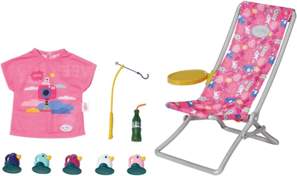 BABY born 832790 Weekend Fischen - Puppenzubehör Angel-Set mit bunt bedruckten Liegestuhl mit Ablagetischchen, Flasche, Korb, Enten und Angel sowie pinkem Longshirt, Pink