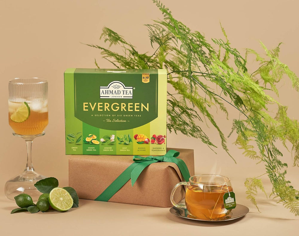 Ahmad Tea Evergreen – Sortiment de 6 ceaiuri verzi – mentă, lămâie, mango-lychee, zmeură-rodie, iasomie și ceai verde – 60 pliculețe de ceai ambalate individual, cu aromă sigilată