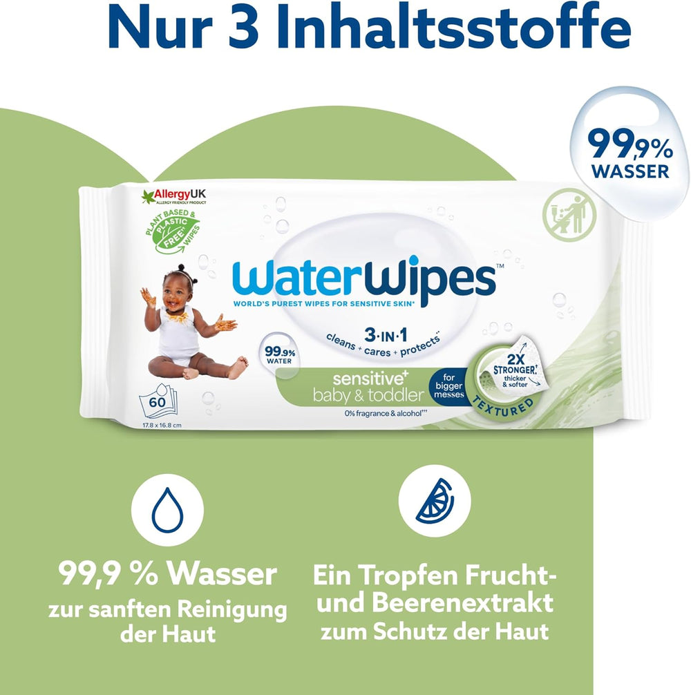 WaterWipes Sensitive+ baba- és kisgyermekkori nedves törlőkendők, 720 darab (12 csomag), 3 az 1-ben tisztítás, ápolás, védelem, 99,9% víz, texturált tisztító, illatmentes