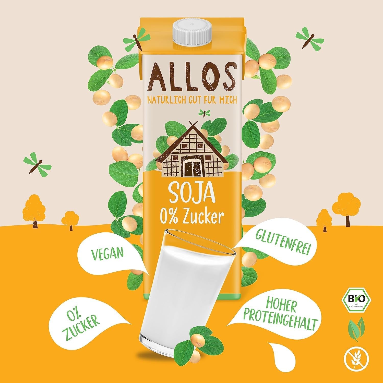 Allos Bio Sojadrink ohne Zucker | Milchalternative aus Soja | Szója ital | Ital auf Pflanzenbasis | vegán ital | ohne zugesetzten Zucker | vegán | laktózmentes | 1 liter (6 db)