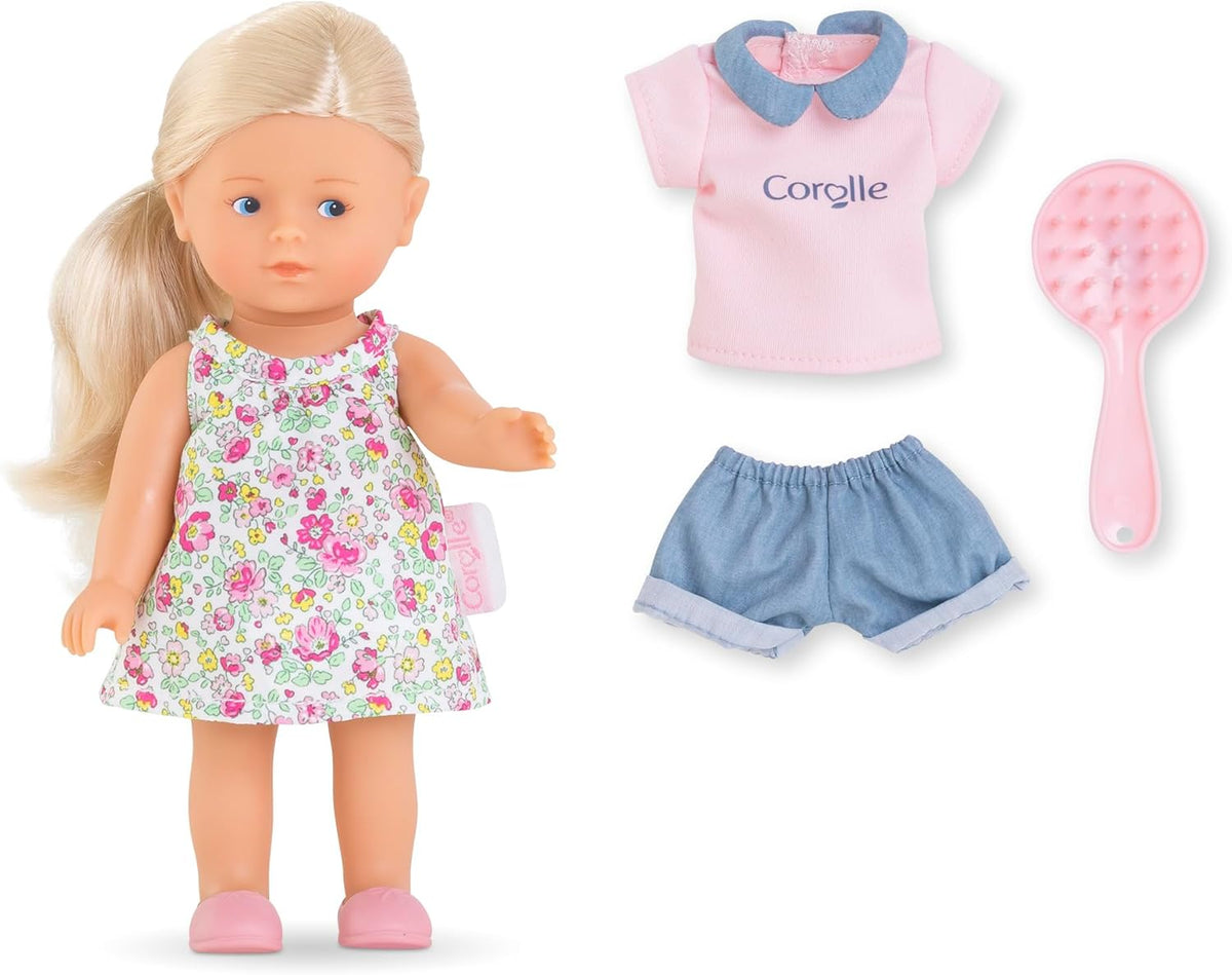 Les Trends Corolline Rosy Miniwelt készlet, Vollvinylpuppe mit langem Haar, Bürste, extra outfit Geschenkboxban, 4 Teile, Vanilleduft, 20 cm, kb 3 Jahren