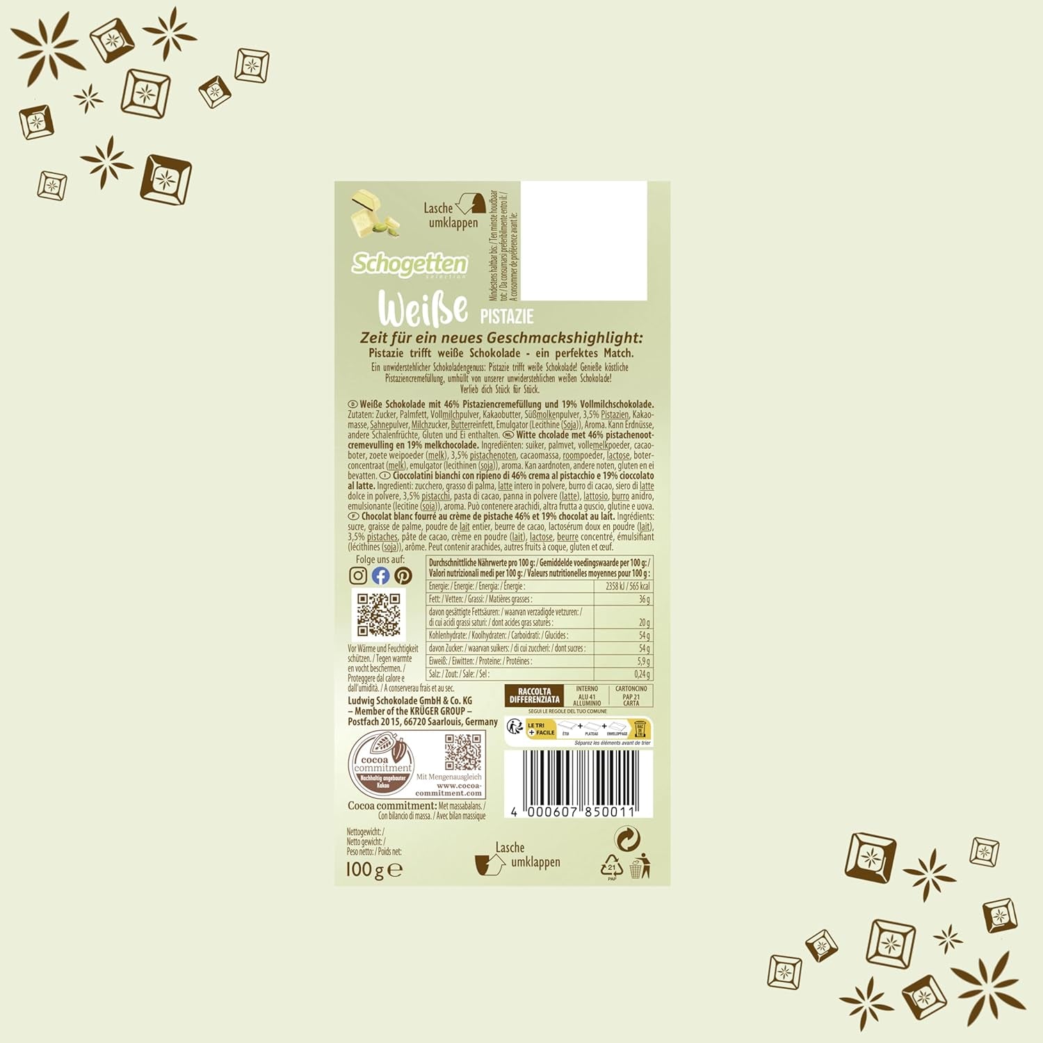 Schogetten fehér pisztácia | Fehér csokoládé pisztácikrémes töltelékkel | 100 g | Kényelmesen adagolható (3 db-os csomag)