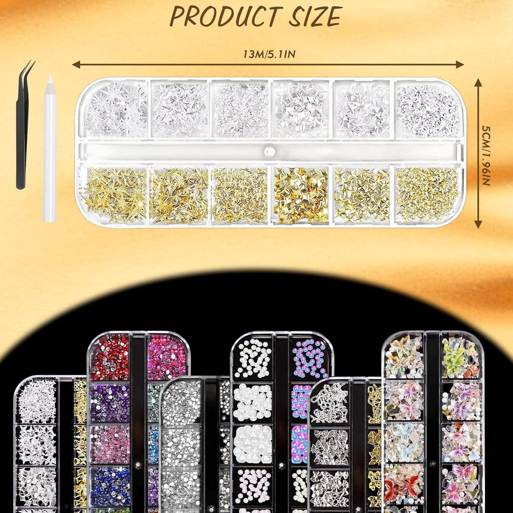 Nail Charms,6 Boxen Gold Silber Nagel Charms 3D Gold Bogen Stern Nail Art Dekoration+6200 Strasssteine Bunt Steine AB Perlen Diamanten,3D Legierung Bow Nail Gems Nagel Deko Für Frauen Nagel (6-A)