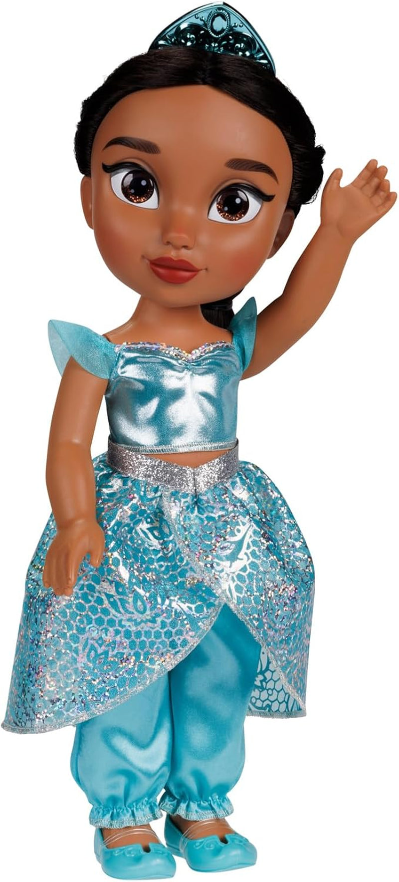 Disney Princess Jasmin Puppe 35 cm, reflektierende Glitzeraugen, bewegliche Gelenke, ausziehbares Outfit, Schuhe, Krone, langes geflochtenes Haar, für Mädchen ab 3 Jahren