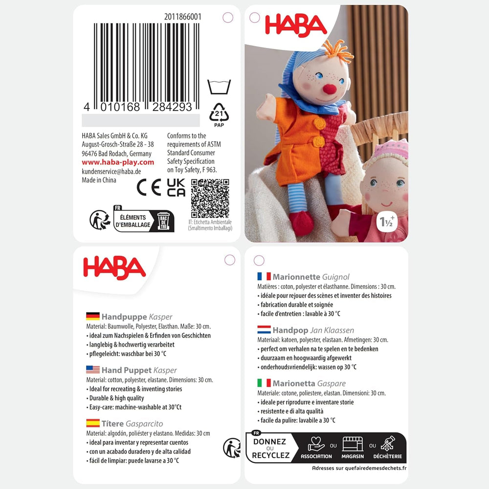 Păpușă de mână HABA Kasper – De la 18 luni, Lavabilă la 30°C, Ideală pentru jocuri de păpuși și roluri, teatru de păpuși – 2011866001