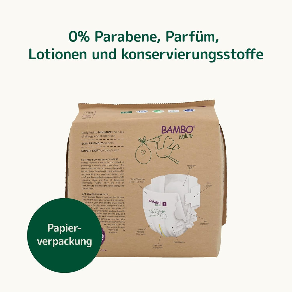 Scutece Bambo Nature pentru bebeluși, mărimea 1 (2-4 kg), cutie lunară de 132 bucăți | Scutece premium cu protecție îmbunătățită împotriva scurgerilor | Confort și libertate supreme pentru nou-născuți | Scutece testate dermatologic
