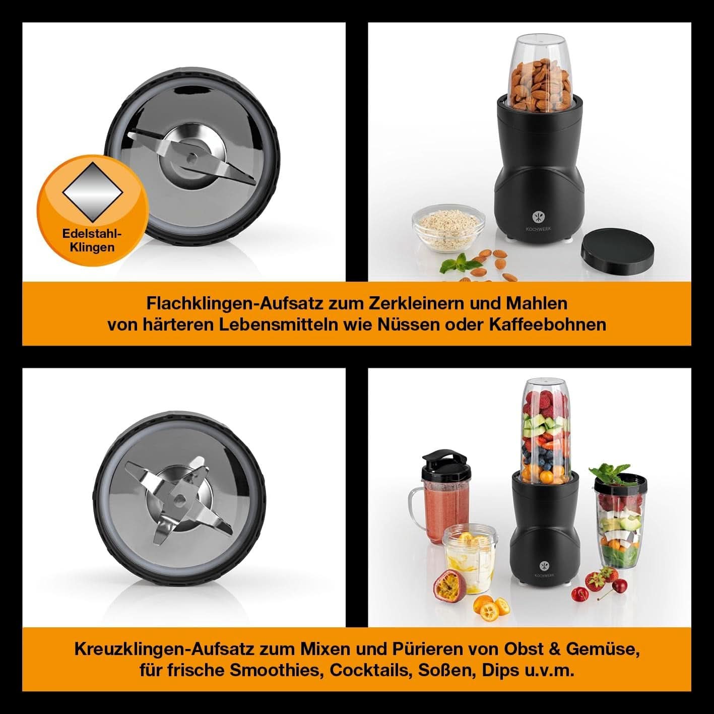 Smoothie Maker 12-Tlg | To-Go Deckel & 4 Mixbehälter | Für Obst, Gemüse & Nüsse | Mit Ice-Crush Funktion | Mini-Standmixer Zum Mixen, Rühren, Zerkleinern, Mahlen, Hacken & Pürieren | Bpa-Frei Bucatarie Naty Shop