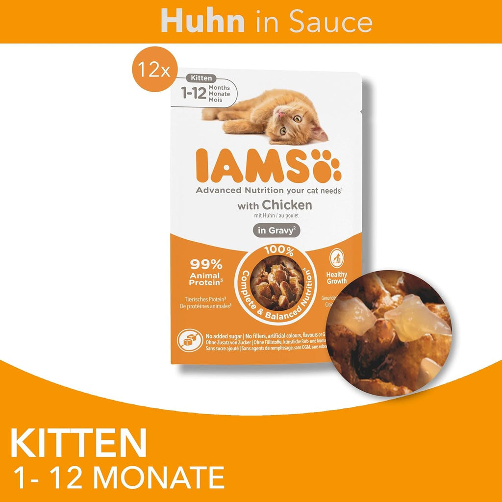 IAMS Delights Kitten Hrană umedă - Multipack Hrană pentru pisici cu pui în sos, hrană de înaltă calitate pentru pisoi junior de la 1-12 luni, 12 X 85G
