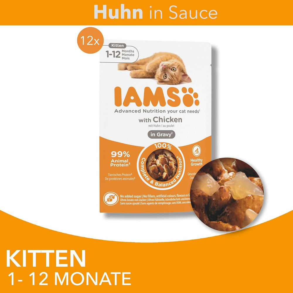 IAMS Delights Kitten Nassfutter - Multipack Katzenfutter mit Huhn in Sauce, hochwertiges Futter für Junior Kätzchen von 1-12 Monate, 12 x 85 g