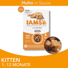 IAMS Delights Kitten Nassfutter - Multipack Katzenfutter mit Huhn in Sauce, hochwertiges Futter für Junior Kätzchen von 1-12 Monate, 12 x 85 g