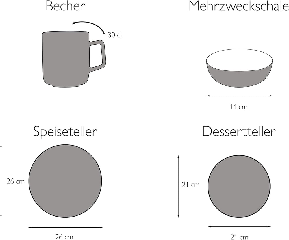 CreaTable, 22506, seria COSY DAY, set de veselă cu 16 piese pentru 4 persoane, serviciu combinat din gresie, potrivit pentru mașina de spălat vase și cuptorul cu microunde, producție de calitate