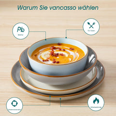 Geschirrset 6 Personen, vancasso RENO 24-tlg Steingut Teller Set Mix, Tafelservice mit je 6 Speiseteller, Dessertteller, Suppenteller, Müslischalen, Spülmaschinenfest & Mikrowellengeeignet, Mehrfarbig