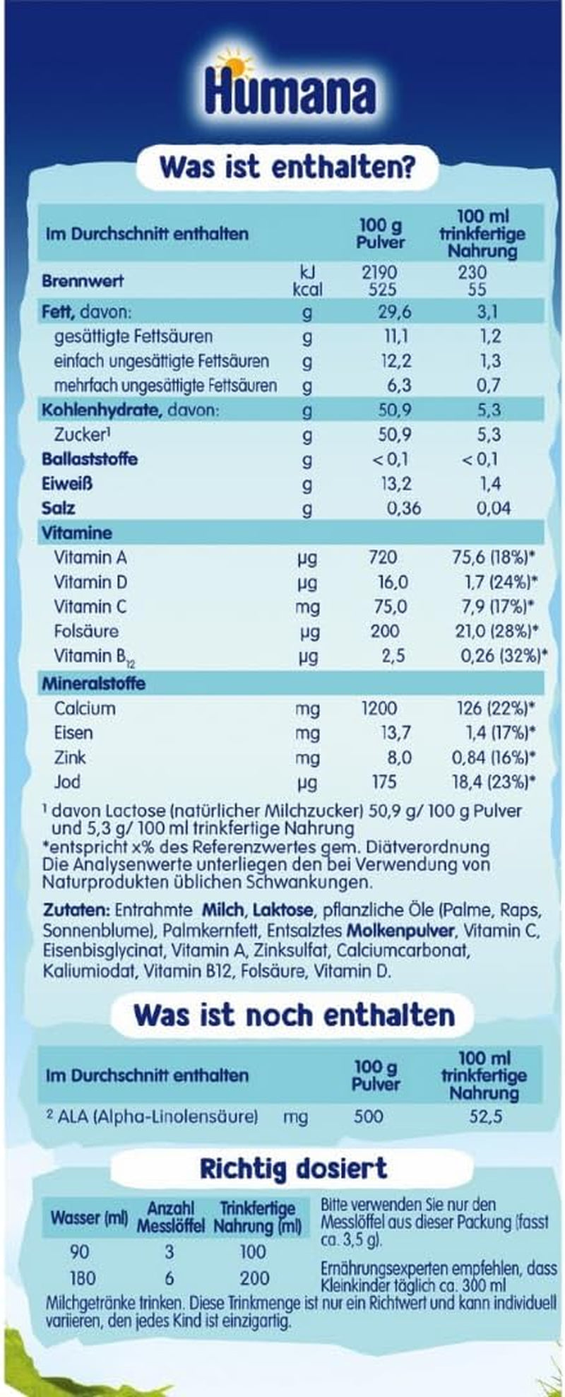 Humana Kindergetränk 1+, ab 1 Jahr, Milchpulver für Kindermilch, nährstoffreiche Milch für Kleinkinder, als gelegentliches Milchgetränk oder zur Mahlzeit, 650 g