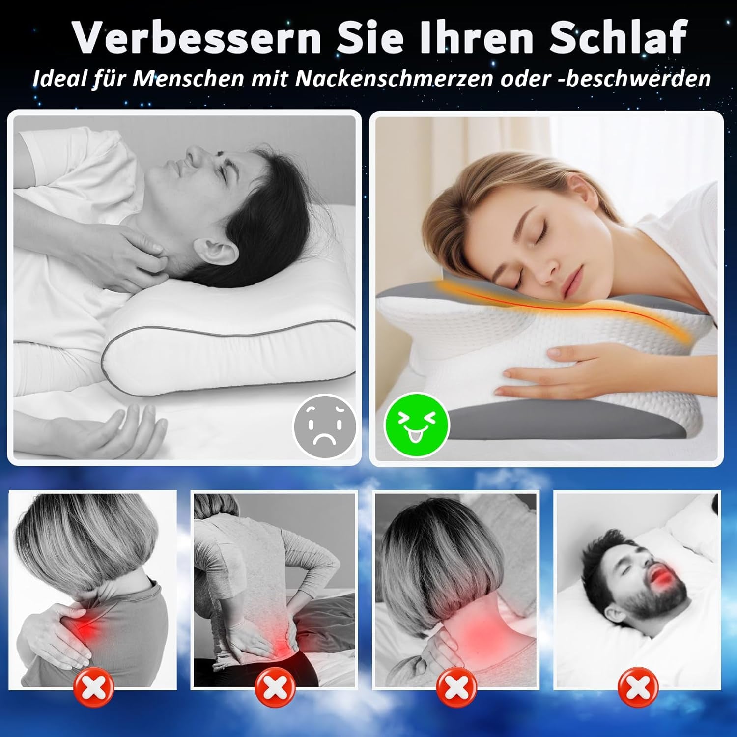 Pernă din spumă de memorie Pernă pentru gât Pernă ortopedică - Design ergonomic Cu formă goală Pentru cei care dorm lateral, pe spate și pe stomac Gri Perne ortopedice cervicale Naty Shop