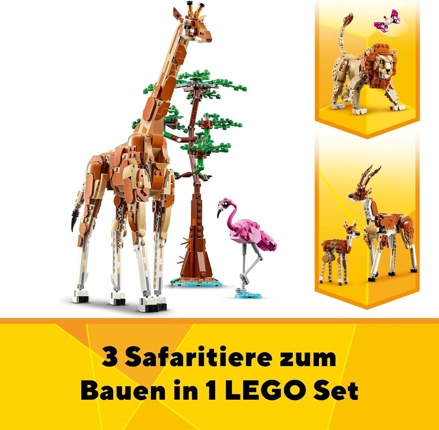LEGO Creator 3 az 1-ben állatszafari, kreatív készlet állatfigurákkal, 3 építési lehetőség: játék zsiráf, gazella és oroszlán, játékállatok lányoknak és fiúknak, természetes ajándék 9 év feletti gyerekeknek 31150 Építőkészletek Beuche den LEGO-Store