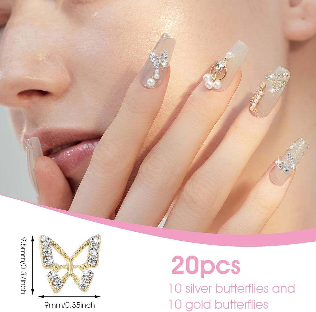 20 bucăți de pandantive pentru unghii cu fluturi cu sclipici, pietre decorative pentru unghii, pietre pentru unghii, nail art cu fluturi, strasuri, pandantive pentru unghii de Ziua Îndrăgostiților, decorare DIY pentru huse de telefon mobil
