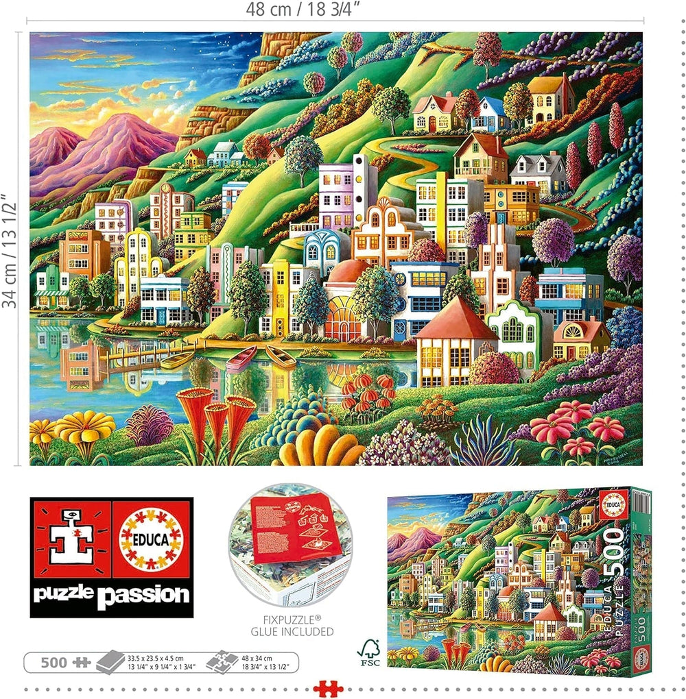 Educa - Puzzle 500 db felnőtteknek | Színes falu a tó mellett, 500 darabos puzzle felnőtteknek és gyerekeknek 11 éves kortól, tájrejtvény, illusztráció (19552) Puzzle Naty Shop