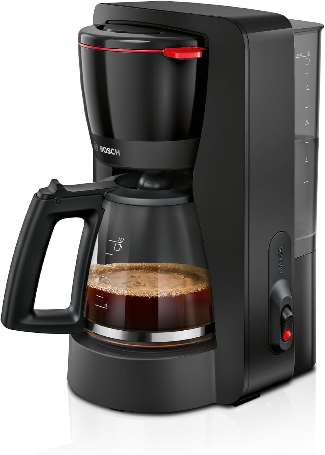 Espressor cu filtru Bosch MyMoment TKA2M113, carafă din sticlă de 1,25 l, pentru 10-15 cești, funcție de menținere la cald timp de 40 de minute, sistem anti-picurare, suport pentru filtru rotativ, rezervor de apă detașabil, 1200 wați, negru mat