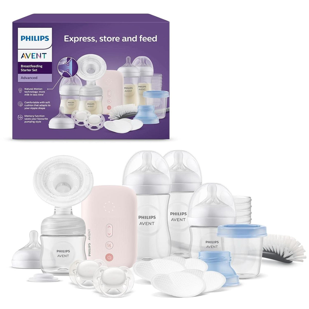 Philips Avent Elektrische Natural Motion Milchpumpe - Set Zum Abpumpen, Aufbewahren Und Füttern Inkl. Flaschen, Schnuller Und Becher (Modell SCD340/31) Élelmiszer- és szoptatási kiegészítők Bebe Naty Shop