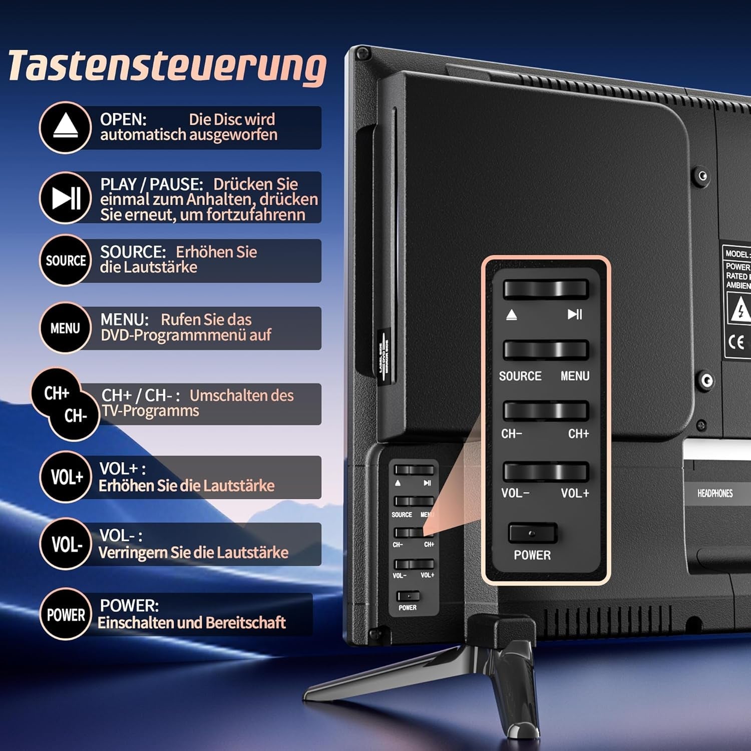 DESOBRY Televizor mic de 19 inch cu DVD player integrat, televizor exterior 1080P, suportă antenă, HDMI, USB, intrare AV, televizor de 12V pentru autorulote/camping/caravană