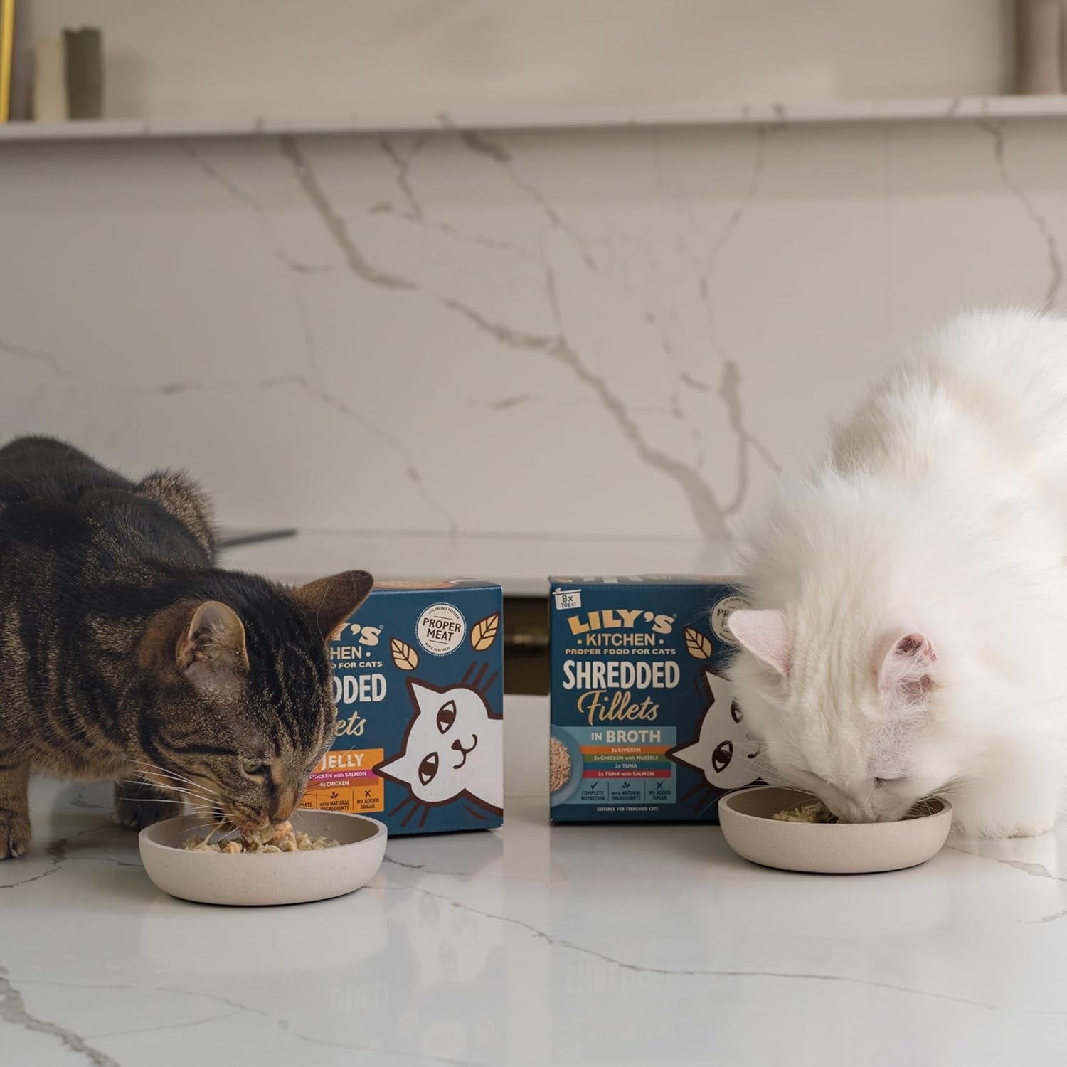 Fileuri tocate în bulion cu ton și somon, preparate cu ingrediente naturale, Lily's Kitchen, hrană umedă pentru pisici adulte, cutie de 70 g