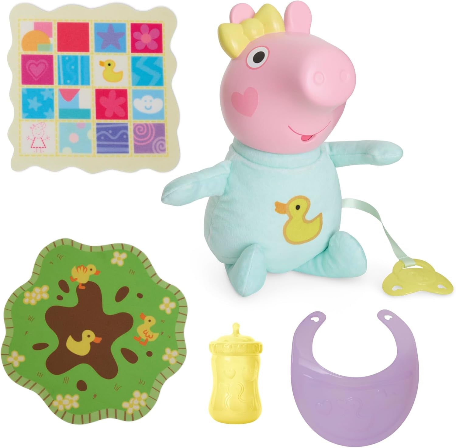 Peppa Pig Grunz und Kuschel Evie interaktive Babypuppe, 28 cm große Puppe für Mädchen mit 20 Geräuschen und vielen Funktionen, Spielzeug-Set für Kinder ab 3 Jahren
