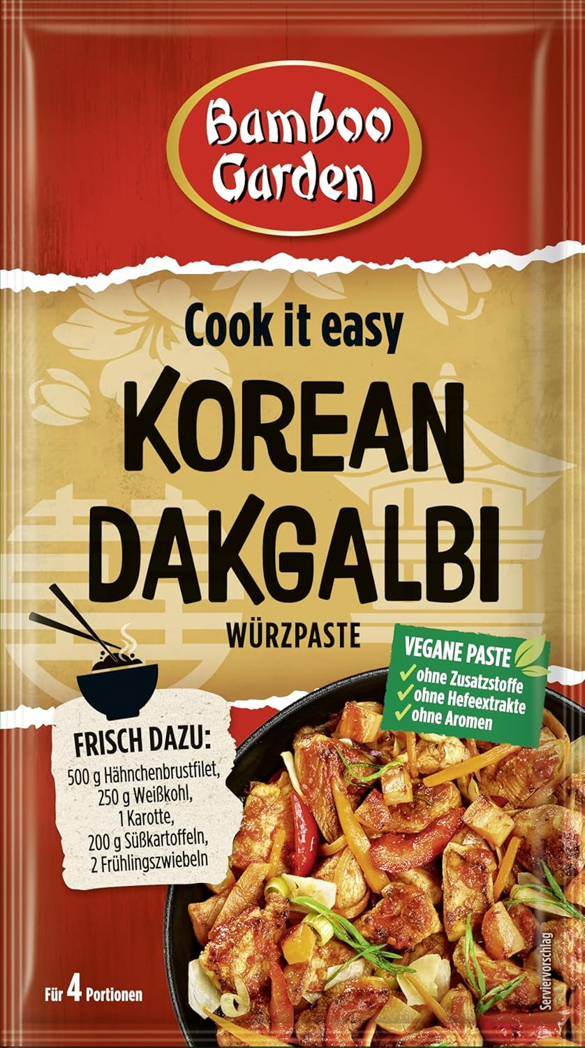 Bamboo Garden - koreai Dakgalbi Würzpaste | Zum Marinieren von Hühnchen, Gemüse und Tofu | 4 adaghoz | Vegán, természetes összetevők | 50 g zacskóban