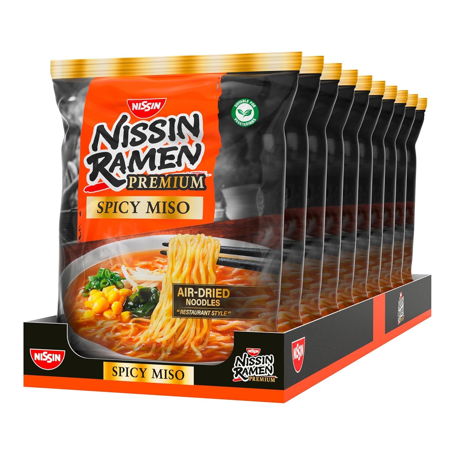 Nissin Ramen Premium - Miso Spicy 10 csomag japán stílusú, levegőn szárított instant tészta „Restaurant Style” Ramenhez, miso és wakame pehely enyhén fűszeres ízével (10 x 90,7 g)