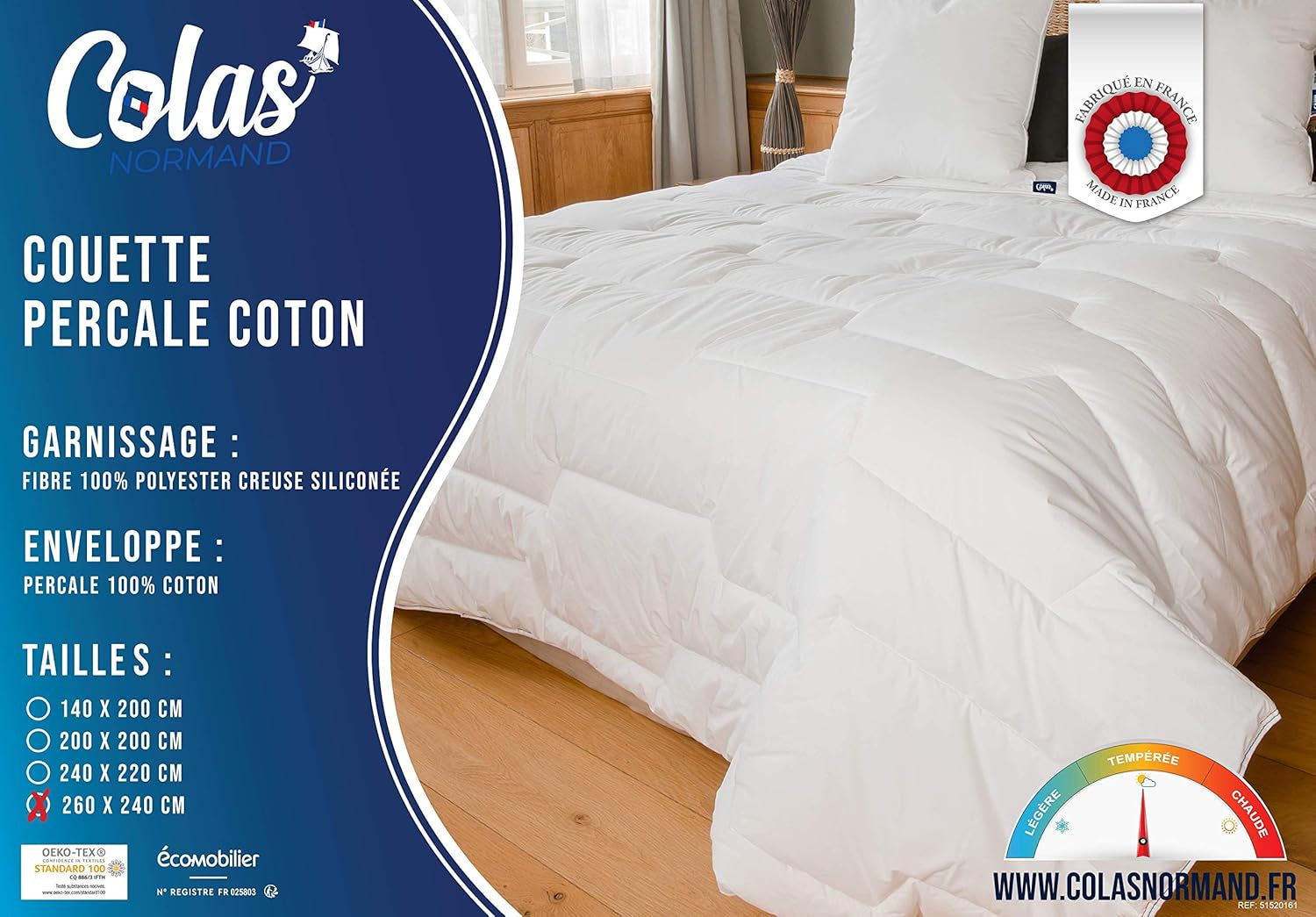 COLAS NORMAND Percale pamut paplan 260 x 240 cm kiváló minőségű 100% percale pamut puha és kényelmes tartós finom bevonat Made in France Fehér paplanok és paplanok Naty Shop