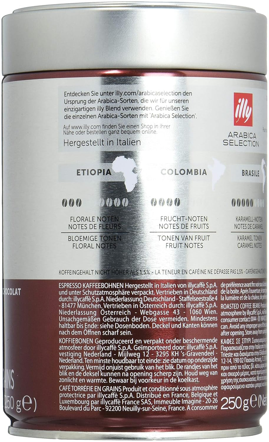 Cafea Illy, boabe de espresso din Selecția Arabica din Guatemala - pachet conținând 2 doze a câte 250g fiecare