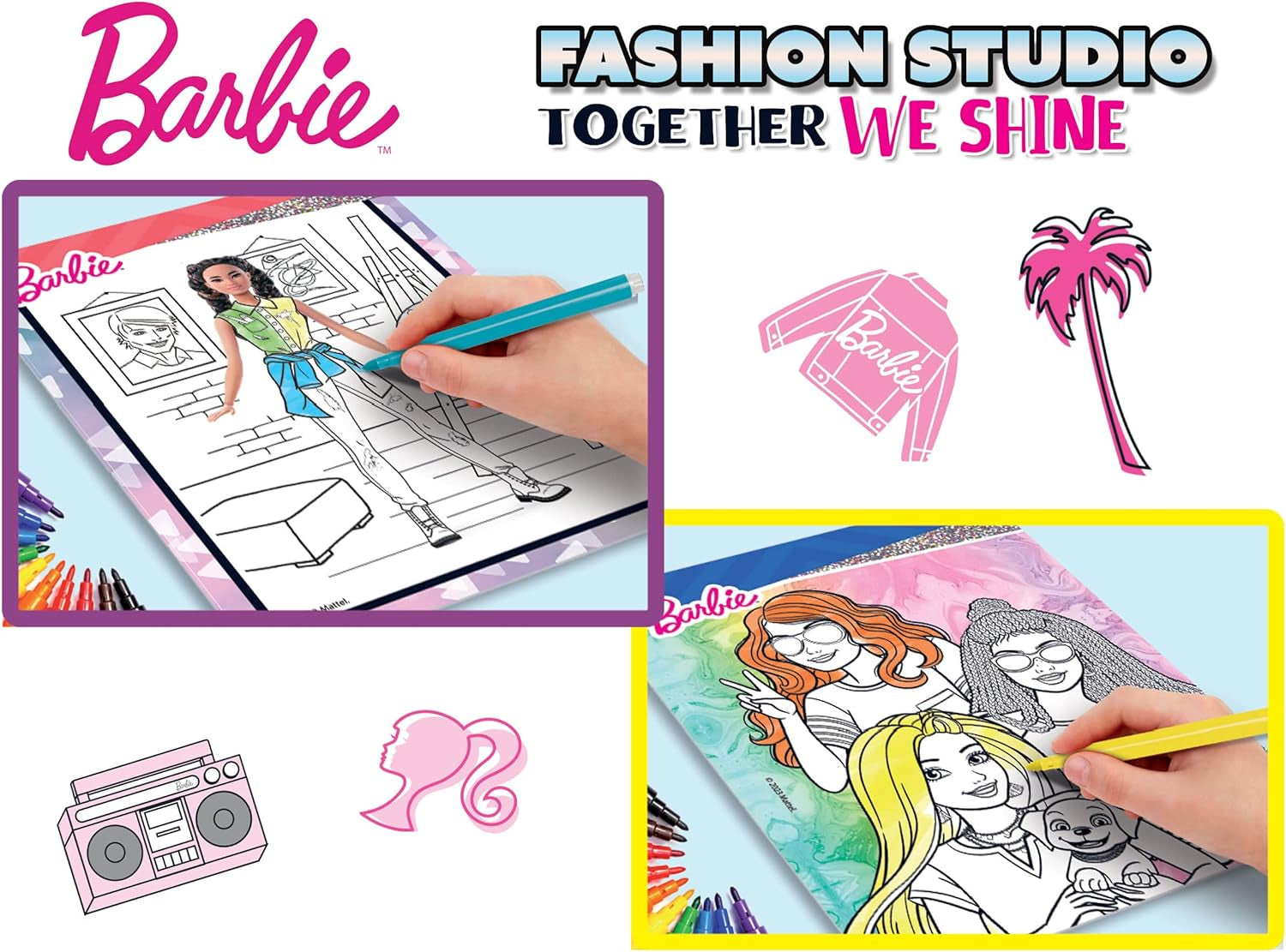 Lisciani - BARBIE - Skizzenbuch Set Wir Glänzen - Modestudio - Models zum Anziehen - Kreatives Spiel - Supermodische Kleidung - Farbmarker - Für Mädchen ab 4 Jahren