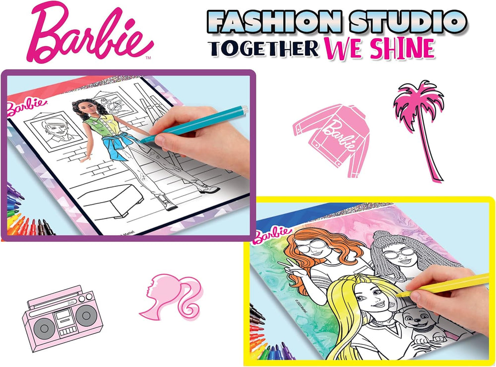 Lisciani - BARBIE - Skizzenbuch Set Wir Glänzen - Modestudio - Models zum Anziehen - Kreatives Spiel - Supermodische Kleidung - Farbmarker - Für Mädchen ab 4 Jahren