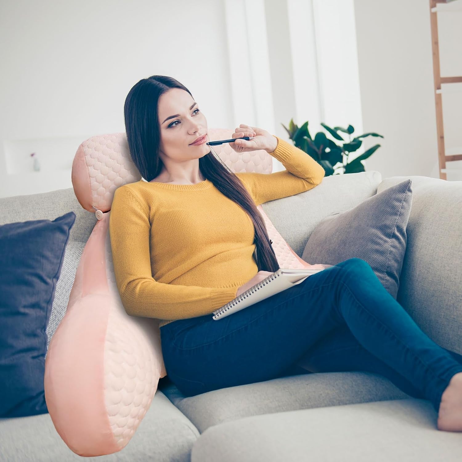 Pernă de citit, pernă de pat, pernă de spate extra mare pentru adulți 70x50cm pentru citit cu rolă detașabilă pentru gât și braț de susținere, pernă de citit confortabilă pentru pat și canapea (roz, extra mare)