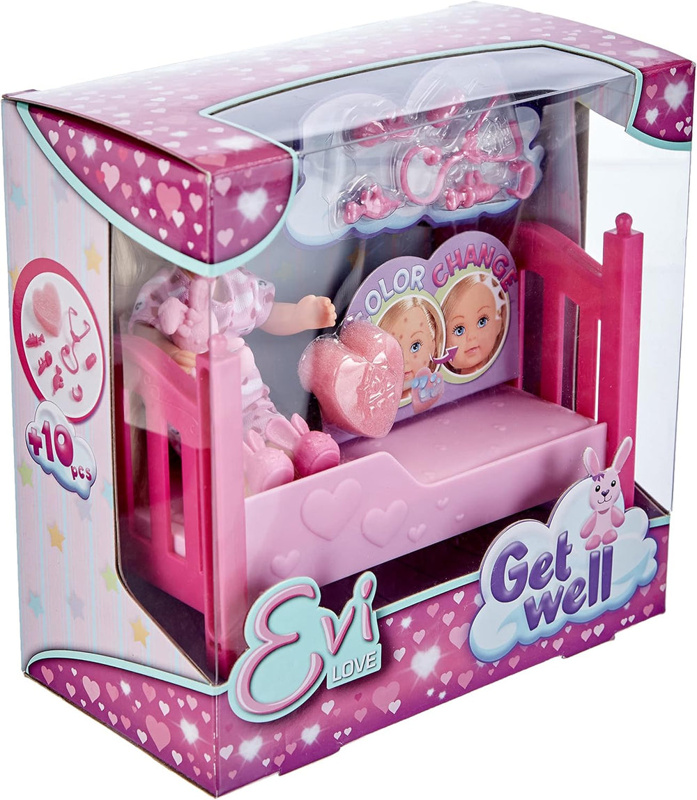 Simba 105733407 - Evi Love Get Well, Puppe mit Windpocken, mit Farbwechsel, beleértve Schwamm zum gesund Machen, mit Bett, Ankleidepuppe, 12 cm, für Kinder ab 3 Jahren