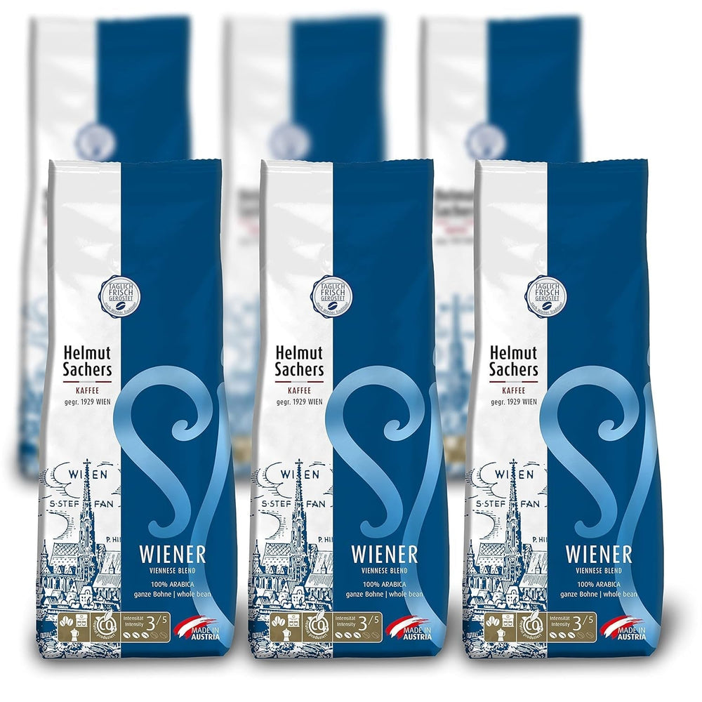 Helmut Sachers kávé - bécsi keverék, erősség 3/5, 100% arabica, egész kávébab, 6 x 500 g Naty Shop alapértelmezett cím
