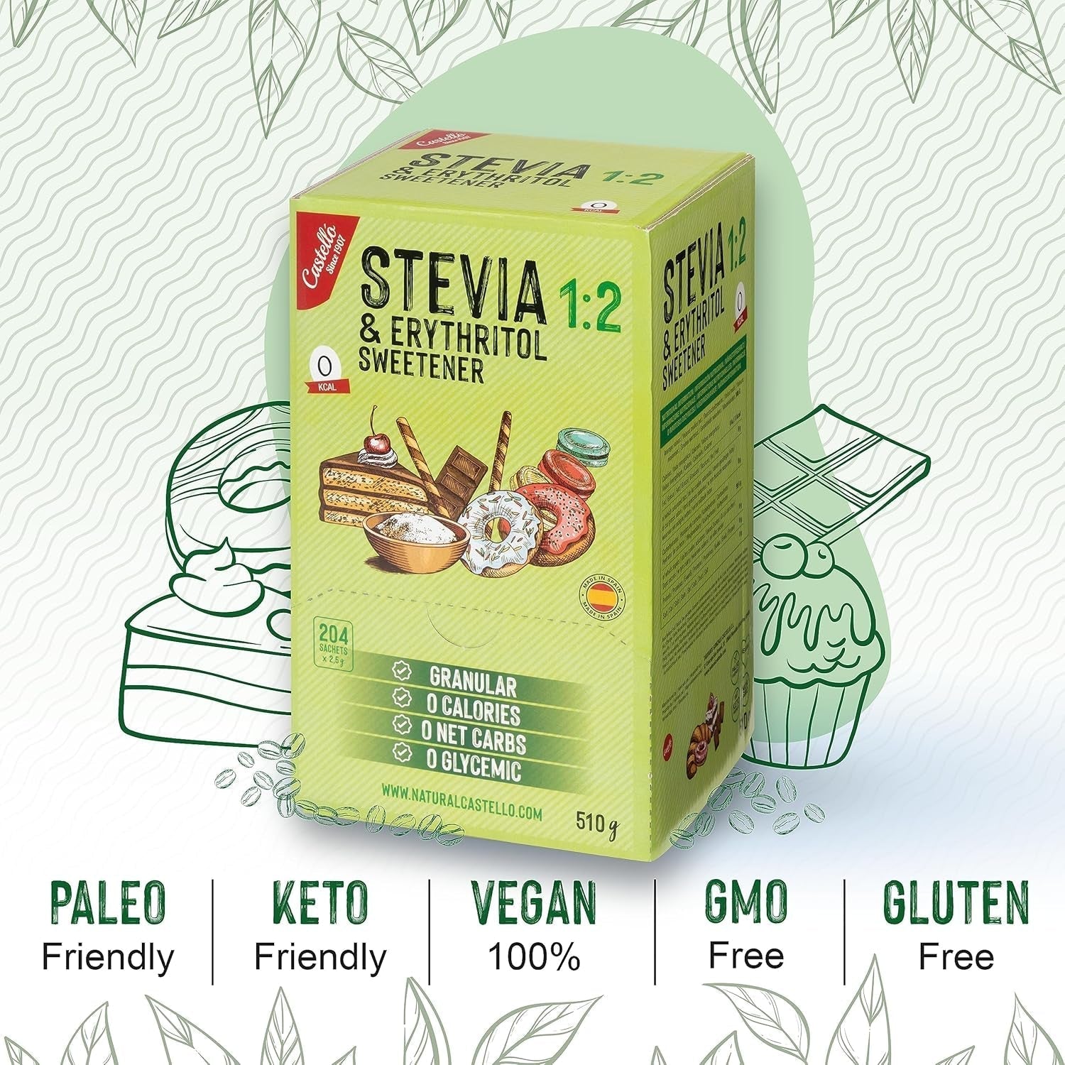 Stevia + Erythrit 1:2 Süßstoff | 204 Beutel Mit 2,5 G | 100% Natürlicher Zuckerersatz - 0 Kalorien - 0 Glykämischer Index - Keto Und Paleo - 0 Kohlenhydrate - Kein GVO - Castello since 1907-510 G Indulcitori Naty Shop