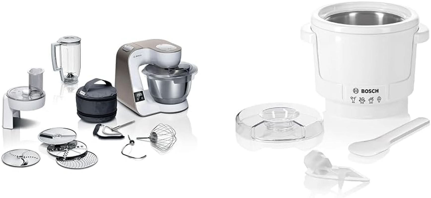 Bosch Series 4 MUM5X720 konyhai robotgép, integrált mérleg, rozsdamentes acél tál 3,9 l, keverő 1,25 l, 1000 W Tartozékok Élelmiszer és szoptatás Bebe Naty Shop Csomag jégkészítővel White Champagne 2 tartozékok