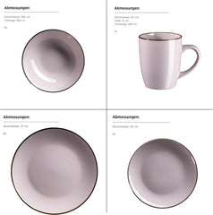 Set de veselă modern pentru 6 persoane cu margine de culoarea alamei, serviciu combinat format din 24 de piese cu forme de cupe fără ramă, lavandă