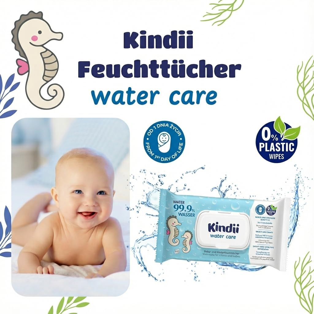 Kindii Water Care nedves törlőkendők - Aqua Baby törlőkendők - 100% viszkóz, 99,9% víz, grapefruit kivonat, sálméret 150x200, 100% biológiailag lebomló, műanyagmentes, tisztító törlőkendők érzékeny bőrre