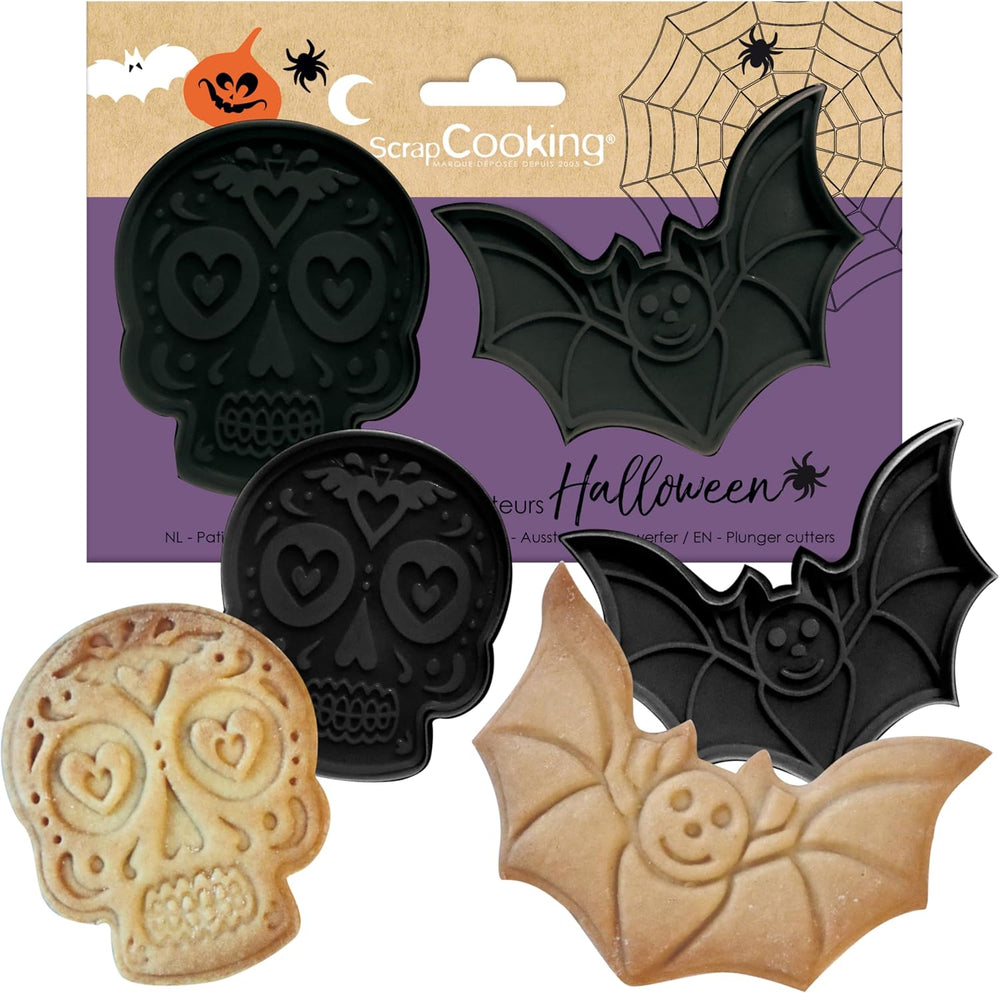 ScrapCooking - 2 Forme de Biscuiți Halloween – Calavera și Liliac – Forme de Biscuiți 3D – Forme de Gofrare – Craniu Mexican – Forme de Biscuiți – 2142