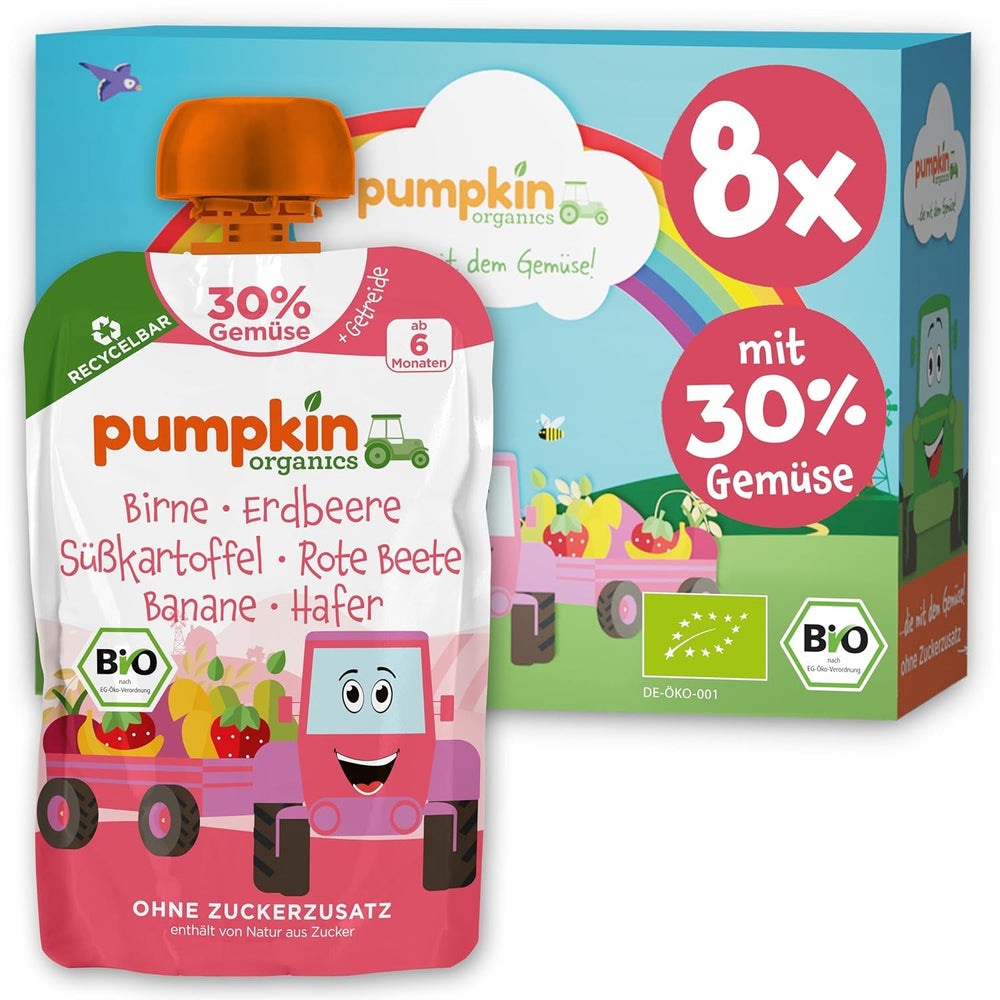 Pliculețe cu legume și cereale organice Pumpkin Organics, pachet de 8: Pară, Căpșuni, Cartofi dulci, Sfeclă roșie, Banană, Ovăz - Fără zahăr adăugat¹ - De la 6 luni - ca gustare sau aliment complementar la pachet (8 x 100g)