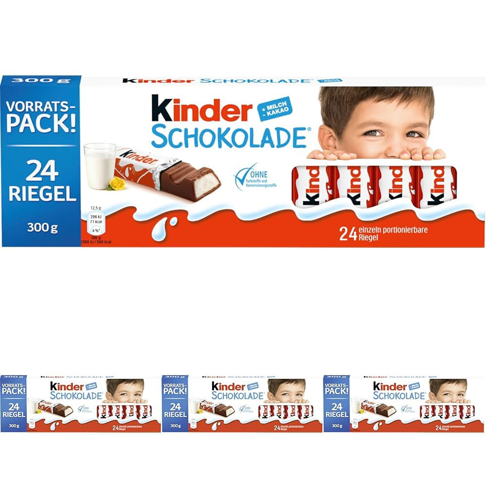 Kinder Chocolate – töltött tejcsokoládészeletek – 1 csomag 24 darab különálló szeletet (24 x 12,5 g) tartalmaz.
