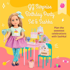 Glitter Girls - GG Surprise születésnapi parti szett és Sashka - Bewegliche 36 cm Puppe Sashka - Überraschungs-Geburtstagsparty-Szett - Tisch & Stühle Möbel - 3 Jahre +