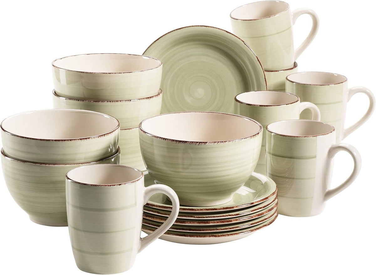 MÄSER 931490 Bel Tempo II Serviciu de mic dejun pentru 6 persoane în aspect vintage, ceramică pictată manual, set de veselă cu 18 piese, verde, gresie