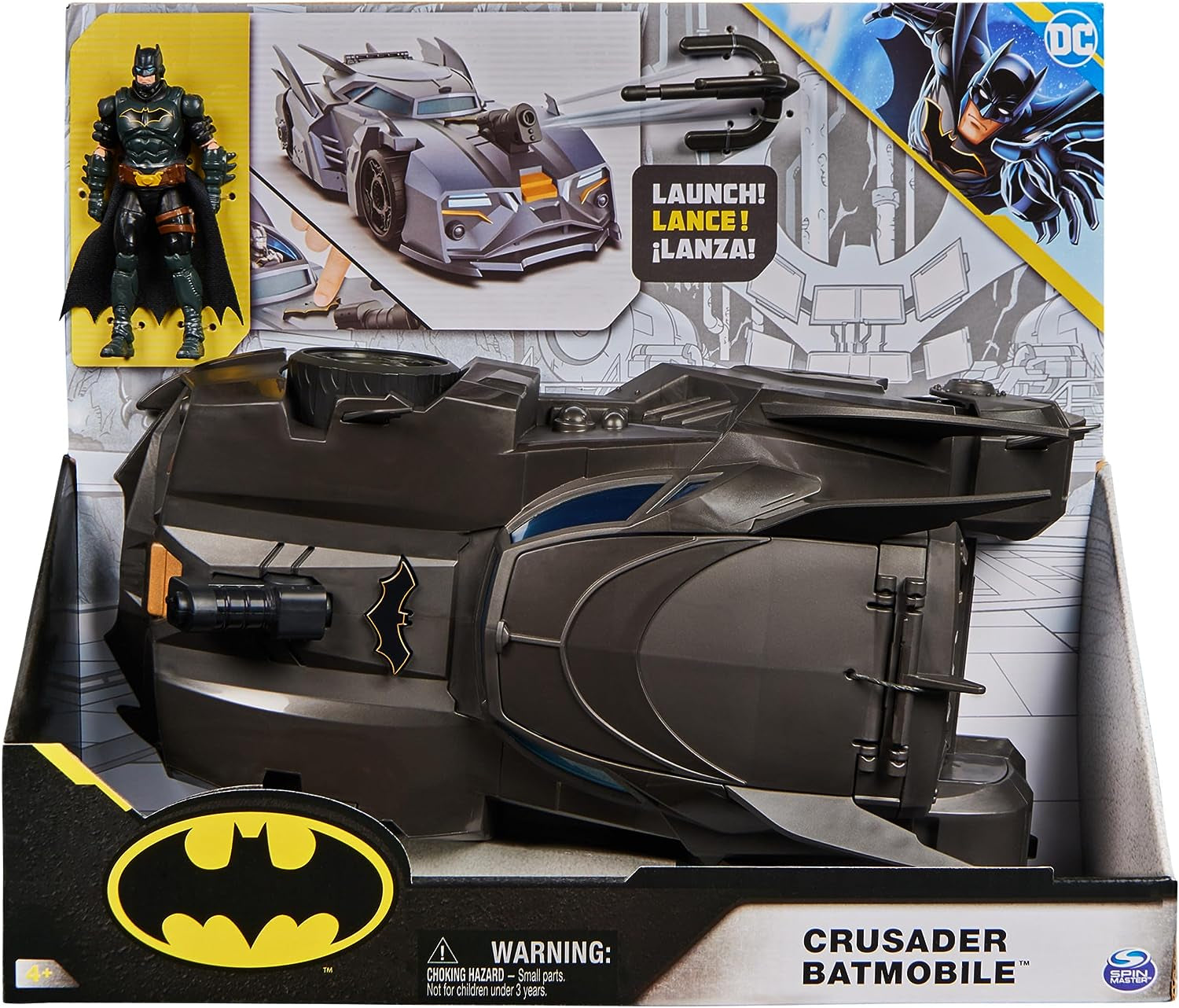 DC Comics Batman offroad denevérmobil katapulttal, kapaszkodóhoroggal és rácscellával hátul, beleértve a 10 cm-es Batman figurát szuperhősrajongók számára 4 éves kortól akciófigurák Naty Shop