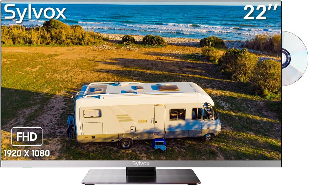 Televizor SYLVOX de 12 volți, televizor de camping de 22 de inci, televizor inteligent Android 1080P cu player DVD integrat, tuner triplu WiFi Bluetooth alimentat DC/AC fără ramă pentru autorulote, camioane, caravane, autoutilitare și bărci