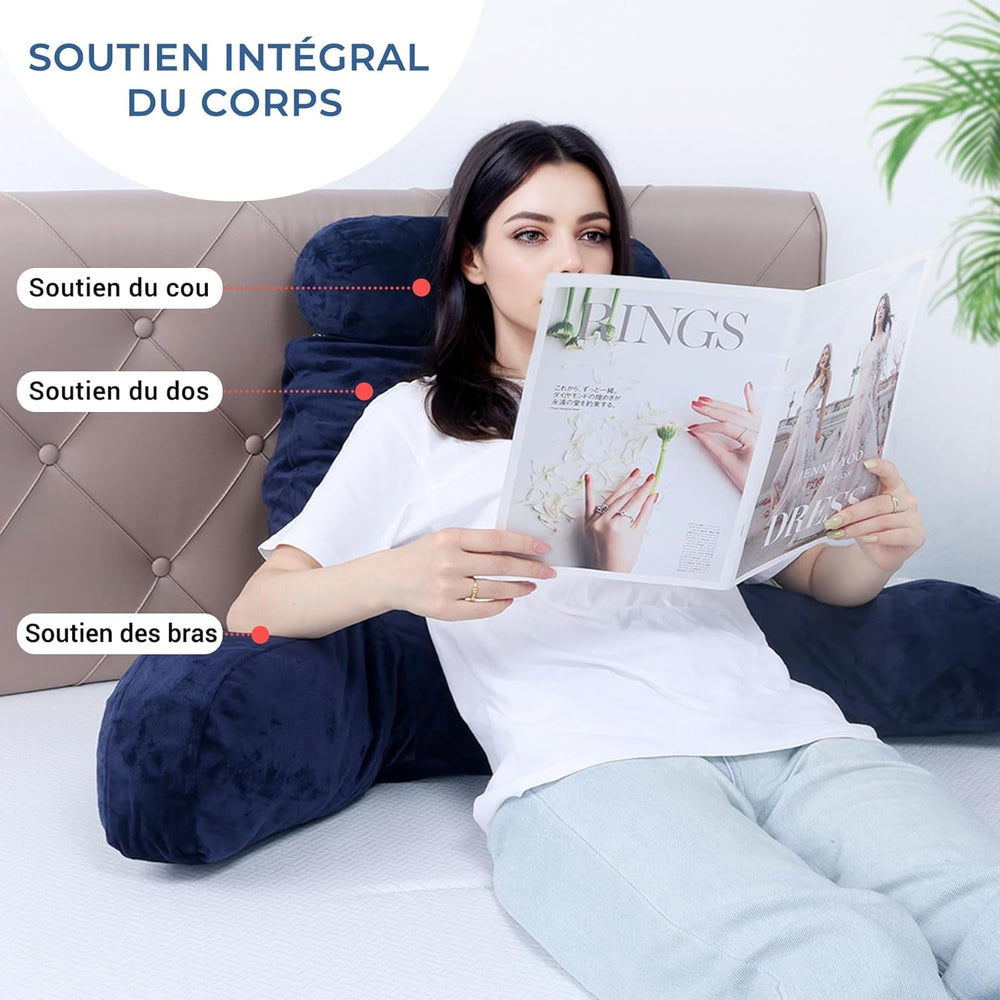 Pernă de citit INFANZIA cu cotiere, spumă cu memorie, suport ergonomic pentru canapea și pat, albastru marin