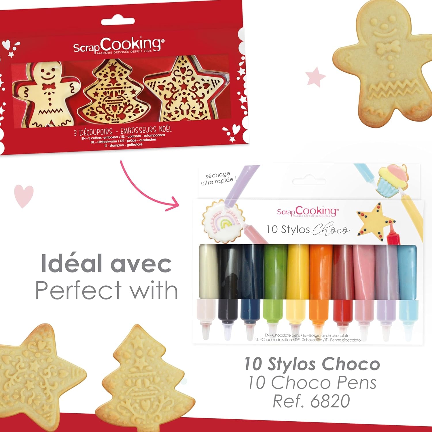 Set de copt SCRAP COOKING 2093 cu tăietor de pisici din oțel inoxidabil și aparat de vafe din lemn, potrivit pentru contactul cu alimentele, Crăciun